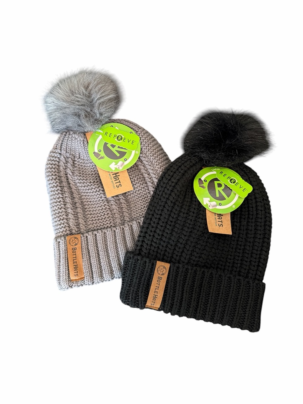 Lot of 2 Bottle Hats beanies black gray pom‎ Pom winter ski snowboard outdoors